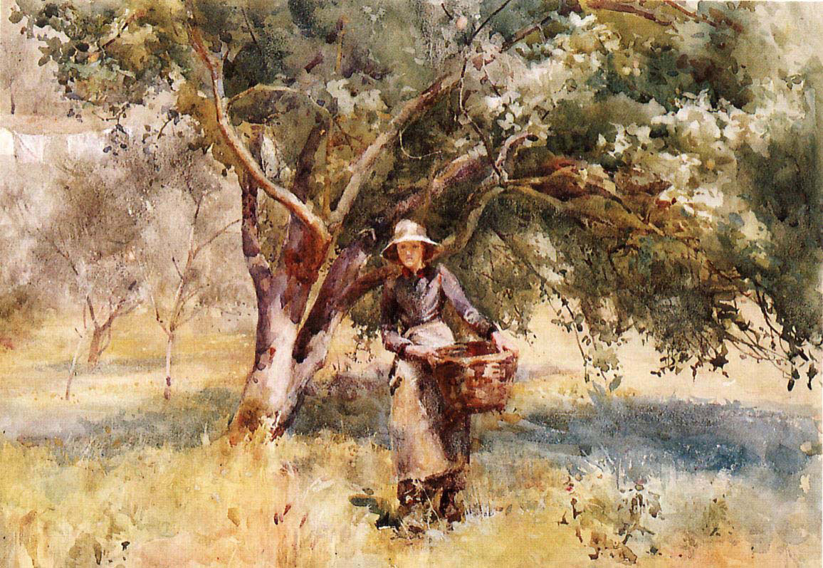 Girl with a Basket Walking through an Orchard